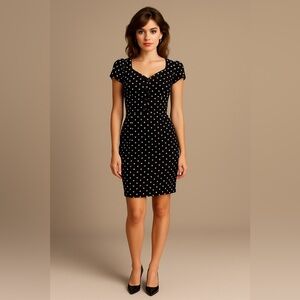 Vintage black and white‎ polka dot cap sleeve diamond neckline dress, size XXS